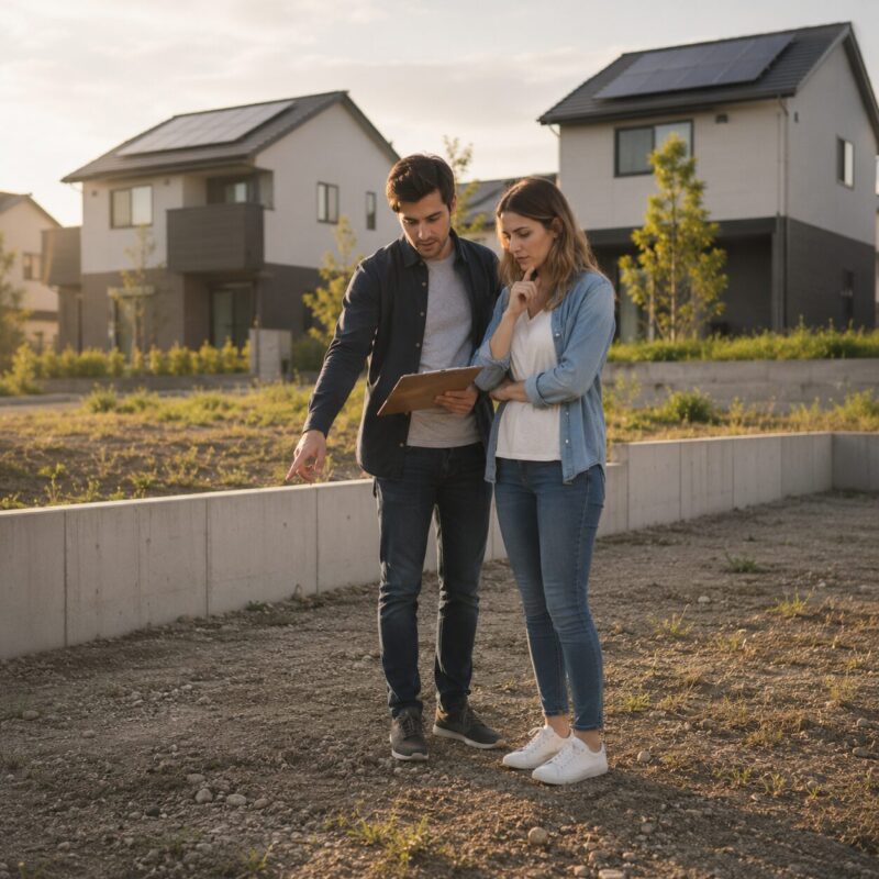 注文住宅の土地選びで土地の形や擁壁を確認する夫婦(旗竿地・角地・共有道路のチェック)