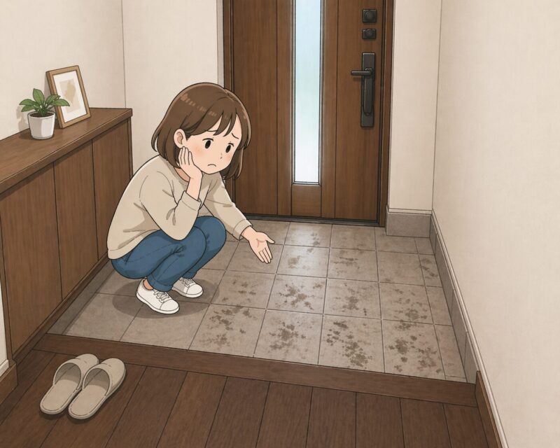玄関タイルの汚れが目立って困っている様子