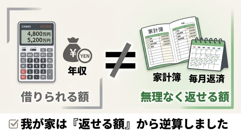 住宅ローンの借入額の決め方を解説するイラスト｜4,800万円借りた共働き夫婦の実例