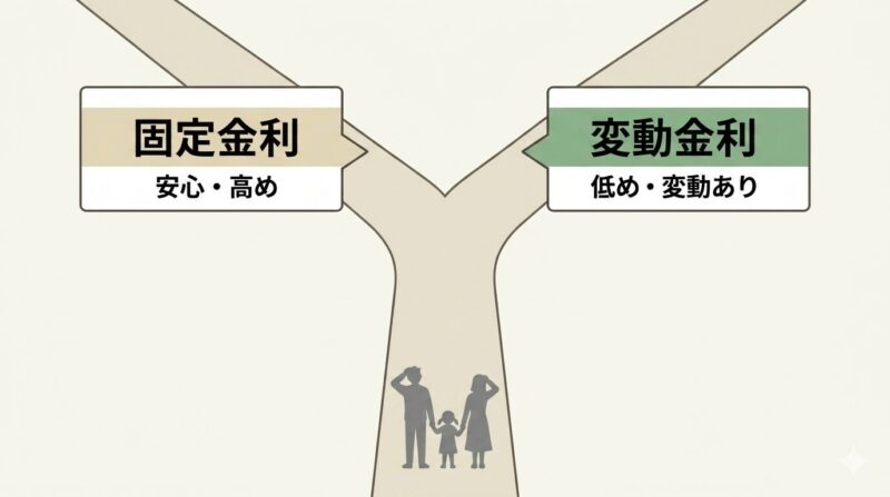 住宅ローン固定金利と変動金利の違いを比較したイラスト