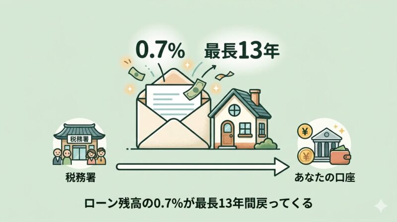 住宅ローン控除（0.7%・最長13年）のしくみを図解したイラスト
