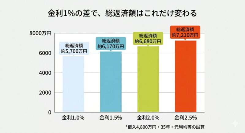 住宅ローン4,800万円・35年で金利別の総返済額を比較した棒グラフ。1.0%で約5,700万円、2.5%で約7,210万円と約1,500万円の差がある