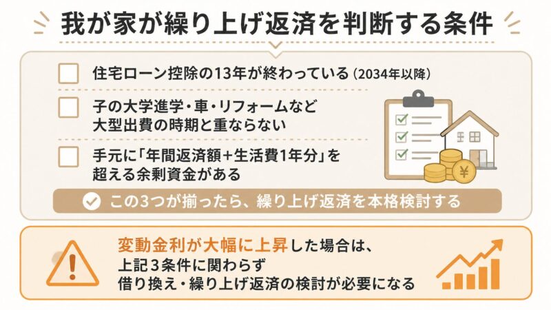 繰り上げ返済を判断する3条件｜住宅ローン控除終了・大型出費・余剰資金が揃ったら本格検討