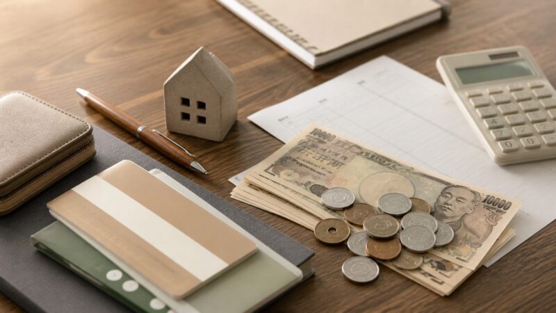 注文住宅の諸費用イメージ（現金・通帳・電卓・家の模型）