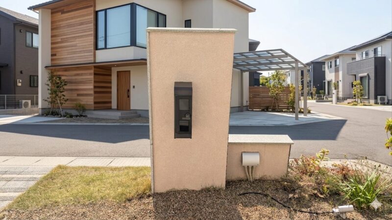 分譲地のデザイン統一された門柱（周辺景色はAI加工）