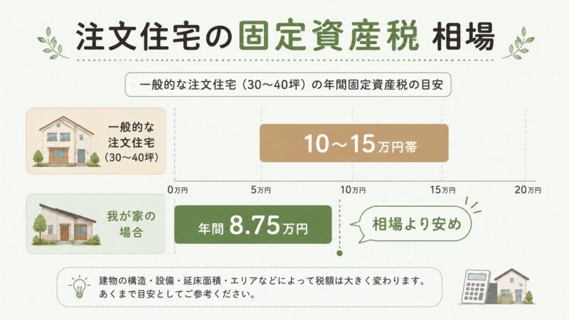 注文住宅の固定資産税の相場（年間10〜15万円）と我が家の実額（8.75万円）を棒グラフで比較