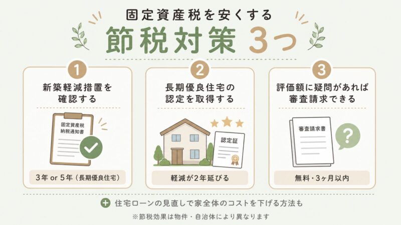 固定資産税を安くする節税対策3つ（軽減措置の確認・長期優良住宅の活用・評価額の審査請求）を図解