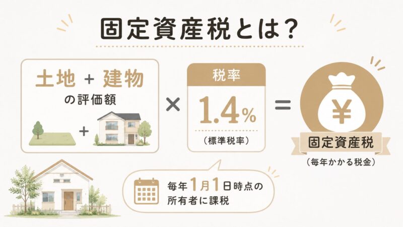 固定資産税の計算式「土地＋建物の評価額×1.4%＝固定資産税」と毎年1月1日課税の仕組みを図解