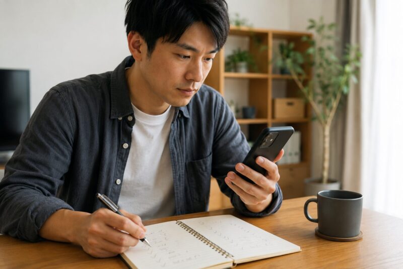 モゲチェックのデメリットをスマホで確認しメモを取る男性