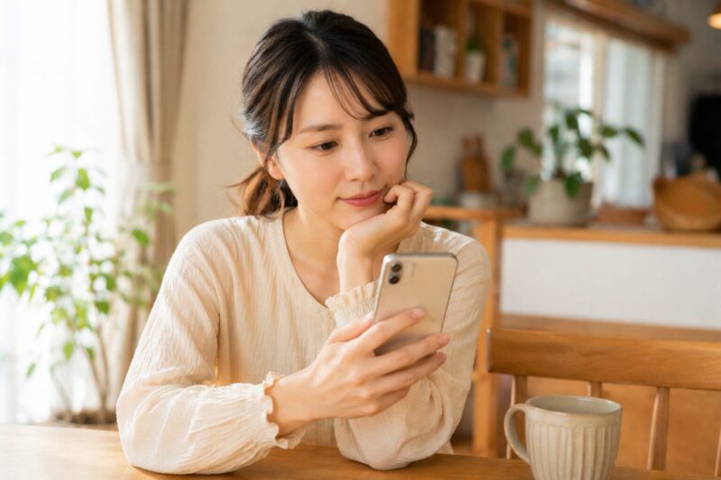 モゲチェックについて疑問を持ちスマホで調べる女性