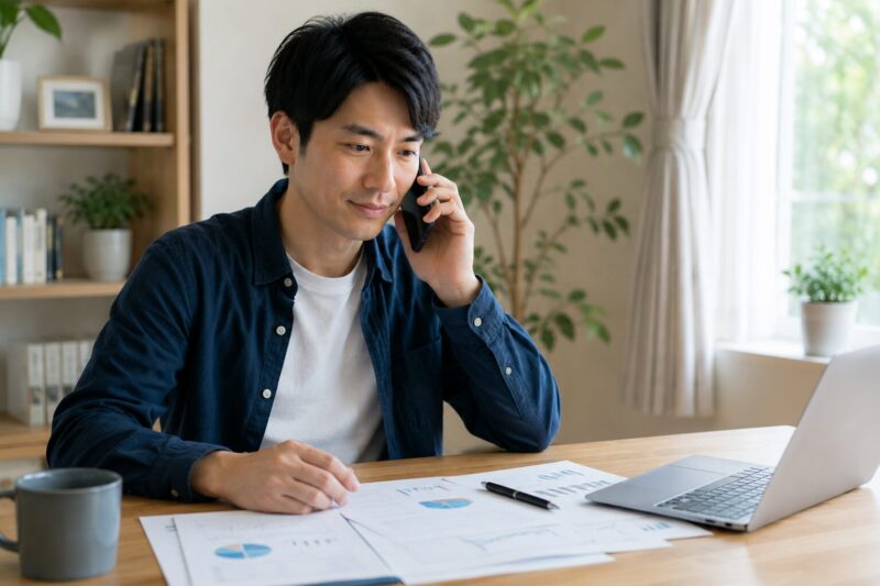 モゲチェックを活用して銀行に電話交渉する男性