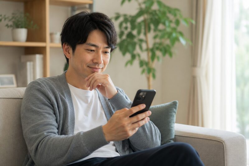 モゲチェックの診断結果を見て安堵する男性