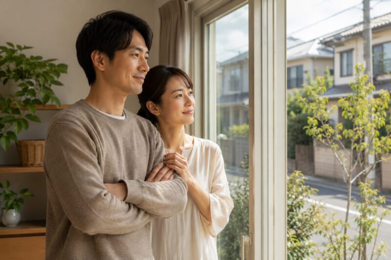 住宅ローン借り換えを決断し窓の外を見る夫婦