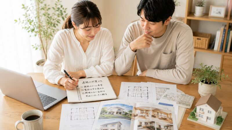 家づくり一括請求の連絡への対策をノートにメモする落ち着いた夫婦の写真