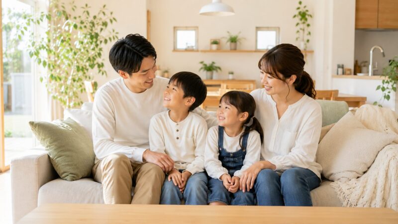 理想の注文住宅で笑顔で過ごす家族の写真