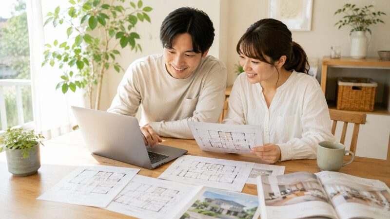 自宅でパソコンと間取り図を見ながら家づくりを進める夫婦の写真