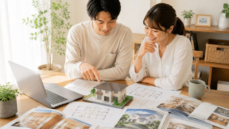 住宅模型や間取り図を前に家づくりを相談する夫婦の写真