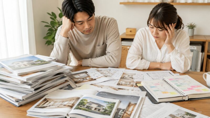 複数社のカタログと予定の詰まった手帳で疲れる夫婦の写真