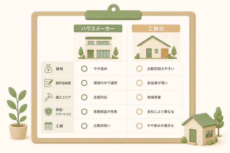 ハウスメーカーと工務店の違いを比較するイメージ