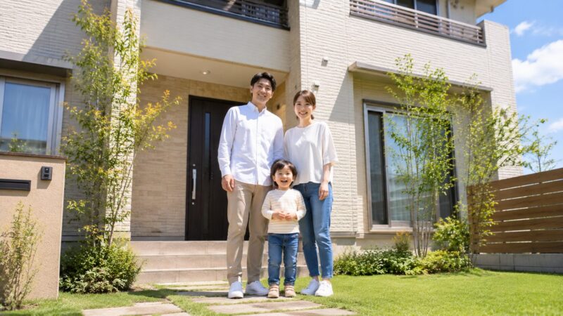 住宅ローンで新居を手に入れた家族3人が玄関前で笑顔で立つ様子