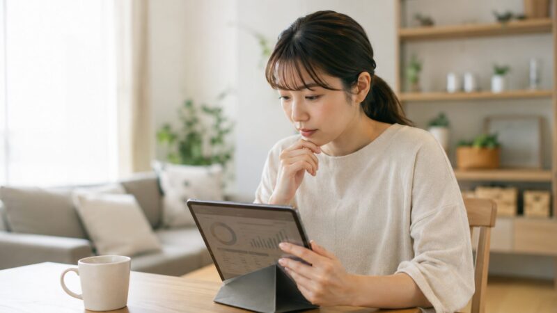住宅ローンの変動金利・固定金利をタブレットでシミュレーションする女性