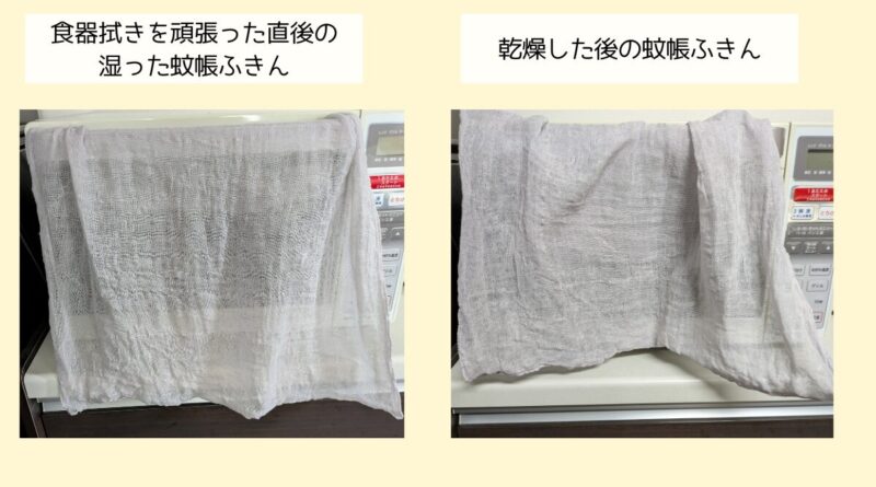 花ふきんの乾燥前と乾燥後の比較