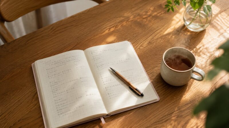 家計ノートに電気代を書き込む手元と湯気の立つマグカップの写真