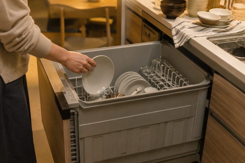 鍋まで入る深型食洗機に食器をセットする様子