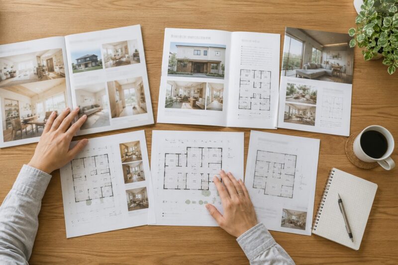 複数の住宅会社の資料を並べて比較検討するテーブルの俯瞰