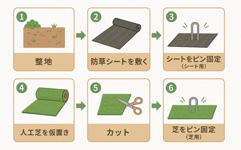 人工芝DIY施工6ステップのフロー図解(整地・防草シート・シート固定・仮置き・カット・芝固定)