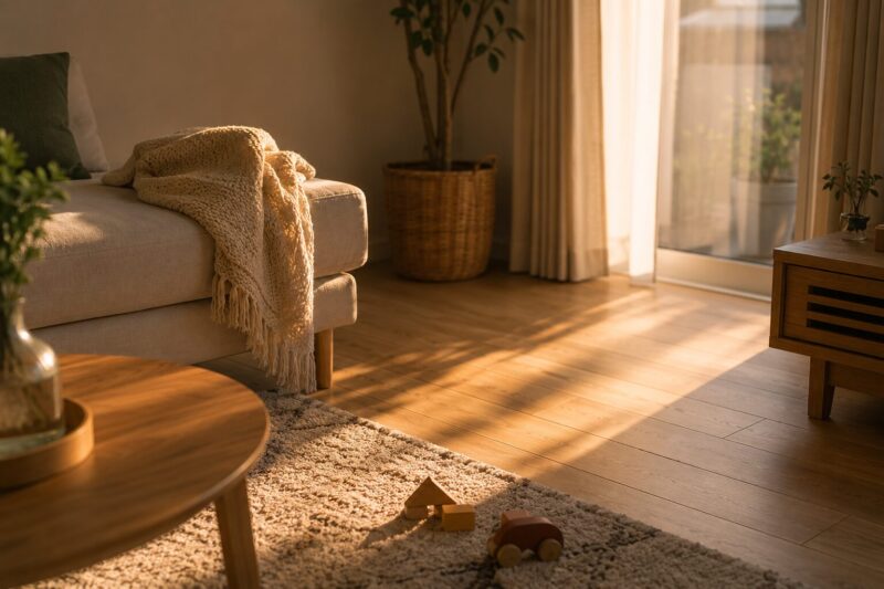 夕方の光が入る住宅のリビングの穏やかな一角