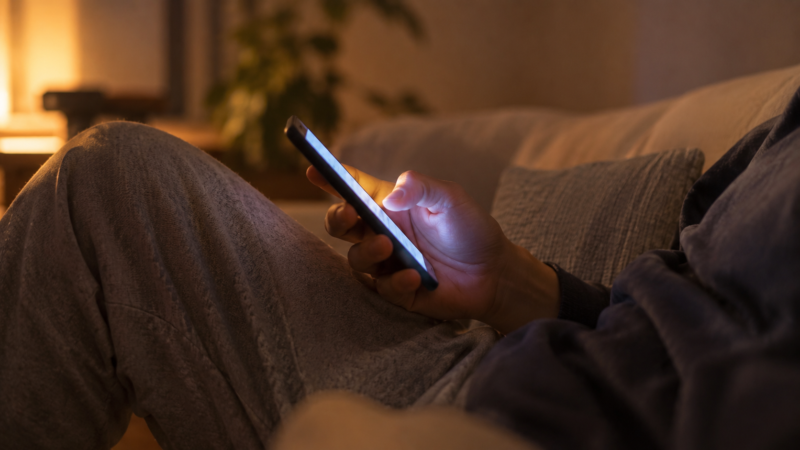 夜のソファでスマートフォンを操作している手元