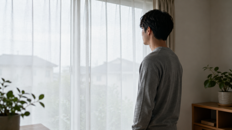 曇りの日の窓辺で外を見ながら考えている様子